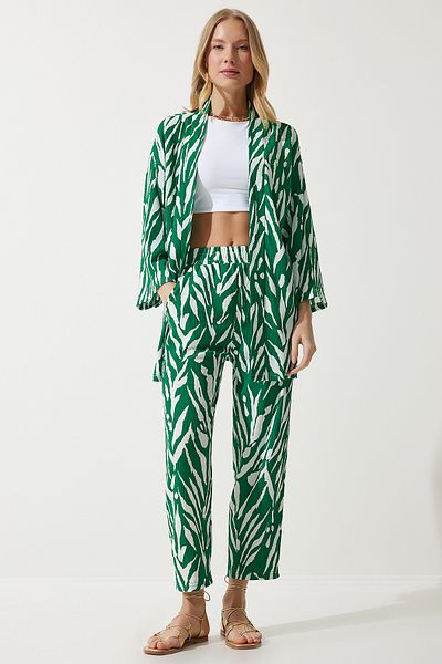 Happiness İstanbul Women's Green Patterned Kimono Trousers Knitted Set BY00054