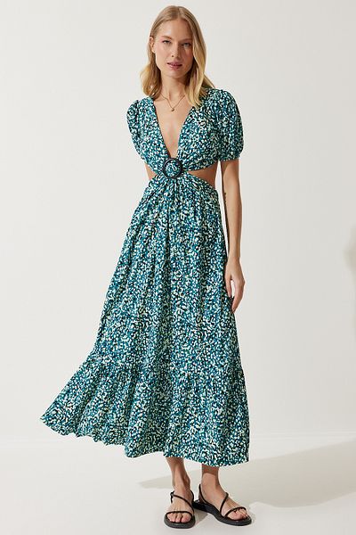 Happiness İstanbul Grün gemustertes Damen-Strickkleid mit Fensterdetail und Schnalle MC00263
