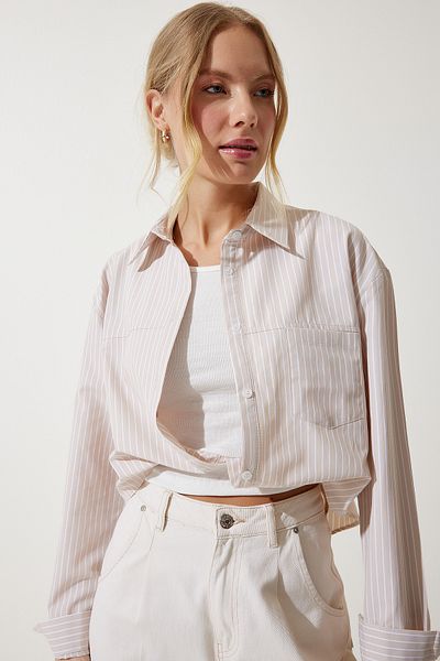 Happiness İstanbul Beige Bluse für Damen mit detailliertem Crop-Shirt RG00022