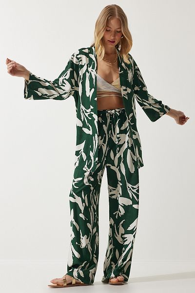 Happiness İstanbul Women's Green Patterned Kimono Palazzo Trousers Set EN00614