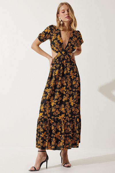 Happiness İstanbul Women's Black Mustard Patterned Window Detailed Buckle Knitted Dress MC00263