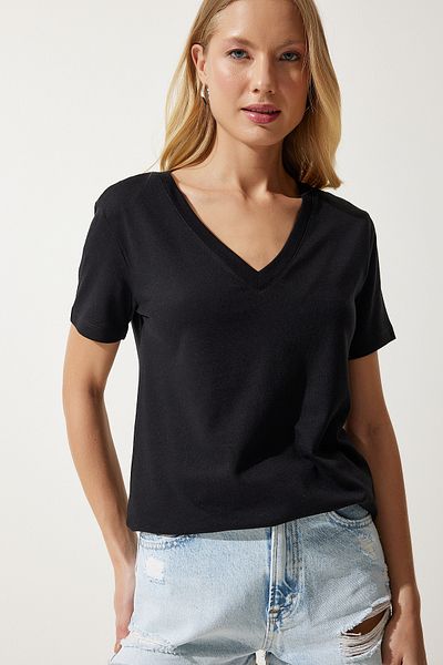 Happiness İstanbul Women's Black V-Neck Modal Knitted T-Shirt HW00009