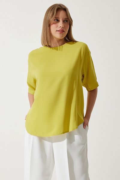 Happiness İstanbul Women's Oil Green Crew Neck Flowing Viscose Blouse RC00152
