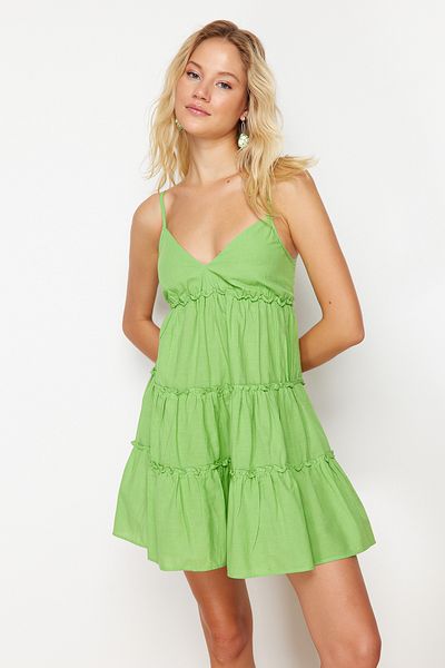 Trendyol Collection Neon Green Mini Woven Ruffle 100% Cotton Beach Dress TBESS24EL00069