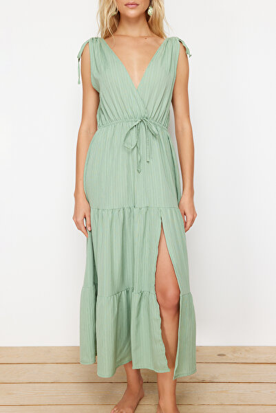 Trendyol Collection Zelené maxi tkané plážové šaty TBESS24EL00089