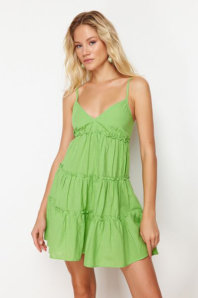 Trendyol Collection Neon Green Mini Woven Ruffle 100% Cotton Beach Dress TBESS24EL00069