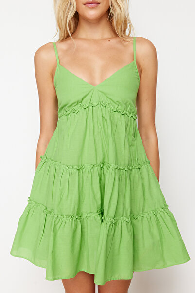 Trendyol Collection Μίνι υφασμένο βολάν από νέον πράσινο 100% βαμβακερό φόρεμα παραλίας TBESS24EL00069