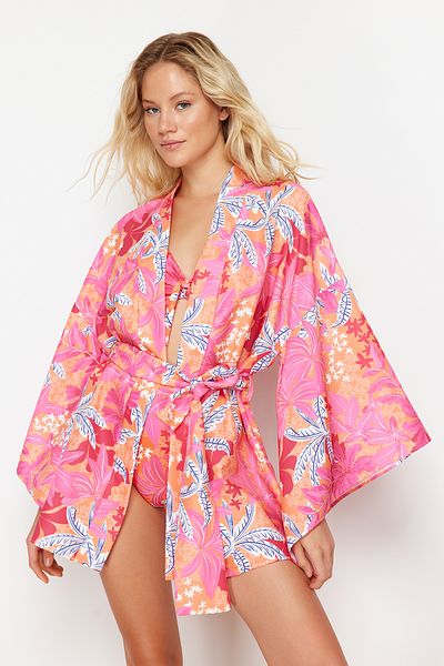 Trendyol Collection Gewebter Mini-Kimono und Kaftan mit Blumenmuster und Gürtel TBESS23KM00024