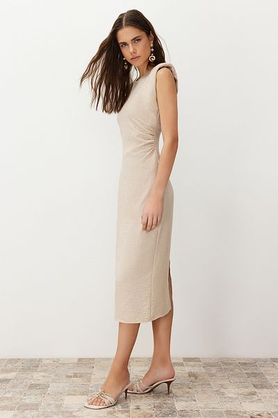Trendyol Collection Mink Straight Cut Gather Detailed Midi Woven Dress TWOSS24EL00619