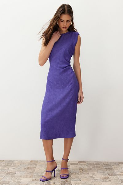 Trendyol Collection Sötétkék, egyenes szabású, részletezett Midi szőtt ruha TWOSS24EL00619