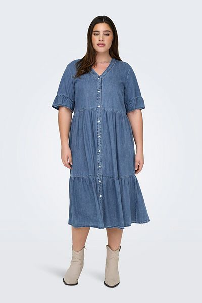 Only Carmakoma Jeanskleid Locker geschnitten V-Ausschnitt Glockenärmel Kurzes Kleid