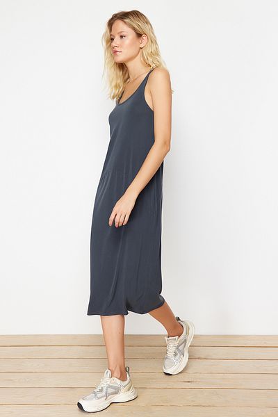 Trendyol Collection Anthracite Straps Pool Neck Modal Content Shift/Straight Mini Knitted Dress Twoss24El00410