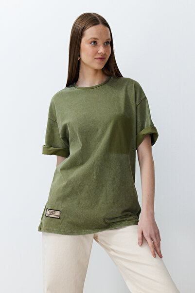 Trendyol Collection Khaki Thick Cotton Label Detail Distressed/Faded Effect Oversize Cut Knitted T-Shirt Twoss24Ts00033