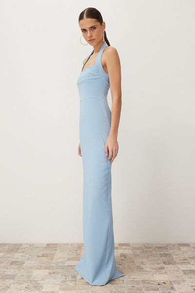 Trendyol Collection Modrý vypasovaný výstřih Degaje Tkané dlouhé stylové večerní šaty Tprss24Ae00083