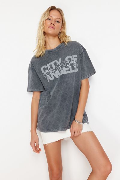 Trendyol Collection Gray Oversize/Wide Fit Slogan Printed Washed 100% Cotton Knitted T-Shirt TWOSS24TS00198