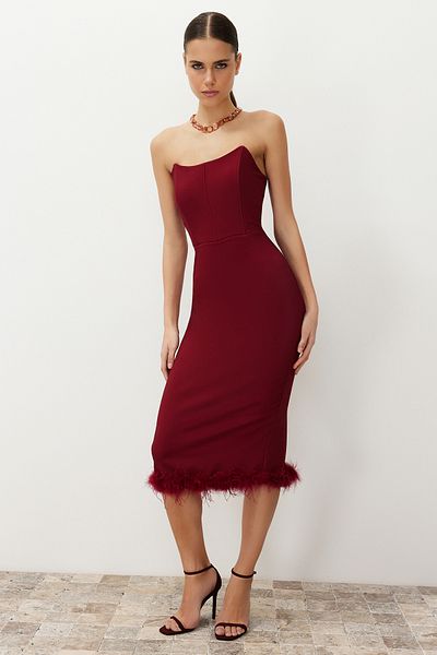 Trendyol Collection Rochie de seara eleganta cu detaliu corset rosu Claret - TPRAW24EL00182