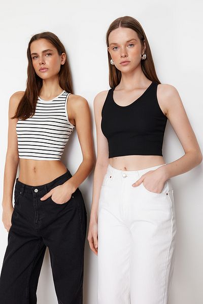 Trendyol Collection Černo-Vícebarevné 2-balení Fitted/Fitted Crop Corded Flexibilní pletené tílko TWOSS24AL00039