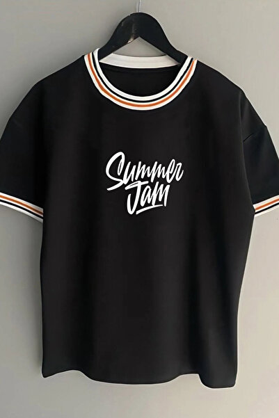 Vordevia Tricou alb de vară cu imprimeu cu text Summer Jam, unisex, sezon nou...