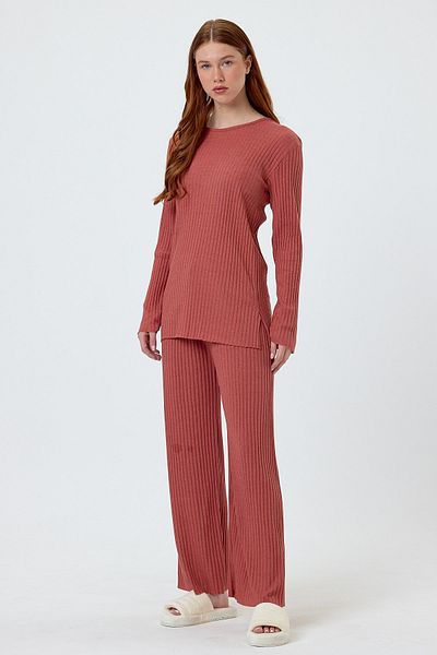 MEBA Women's Seasonal Long Sleeve Corded Dark Tile Pajama Set