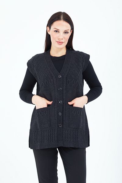 Stilmony Women's Black Buttoned Mother's Wool Vest with Pockets