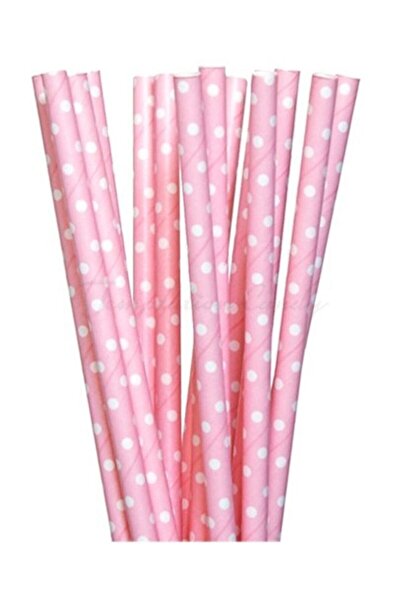 Doğumgünü Marketim 25'li Pembe Puantiyeli Kağıt Pipet
