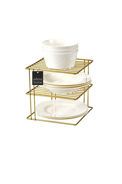 Edora Home Χρυσό ντουλάπι 3 επιπέδων Πιάτο πολλαπλών χρήσεων, ποτήρι, ράφι οργάνωσης κουζίνας, σχάρα για πιάτα - μεταλλικό ανοξείδωτο