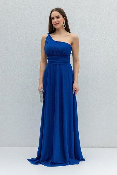 WOMAN VISION Decolteu asimetric cu un singur umăr - Rochie de seară maxi albastră Saks cu sclipici strălucitoare 38995