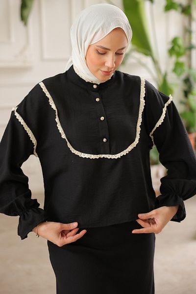 benguen 2078 Double Set with Knit Detail on the Collar Black