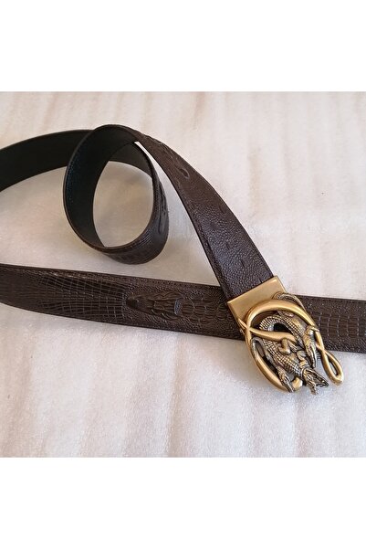 Butik Tülin Unisex Genuine Leather Brass Buckle Belt - Brown Crocodile Print,...