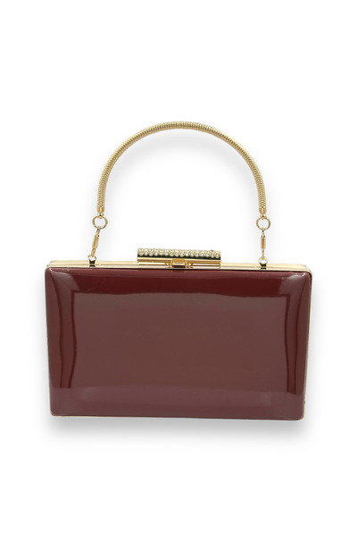 Biçanta Geantă de seară culoare burgundă din piele lăcuită, cu mâner metalic, pentru petreceri, nunți, logodne, baluri. Cod: Henna.