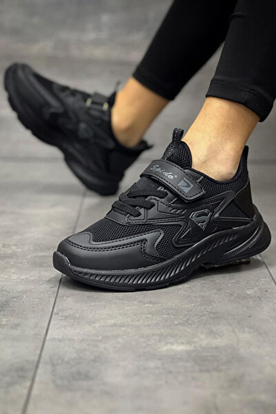 BOUIS Çocuk Siyah Bağcıklı Tek Cırt Cırtlı Esnek Hafif Nefes Alabilen Unisex File Sneaker Spor Ayakkabı