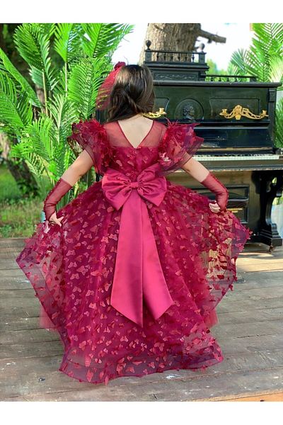 Sare Çocuk Giyim Burgundy Butterfly Detailed Girl's Evening Dress, Buckle, Gloves