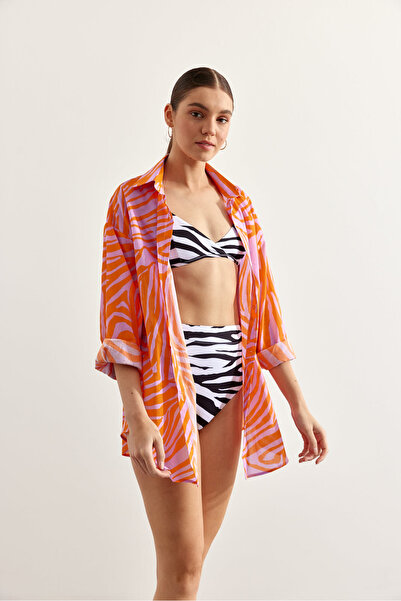 Beach&Beyond Kadın Lila Turuncu Zebra Oversize Plaj Gömlek