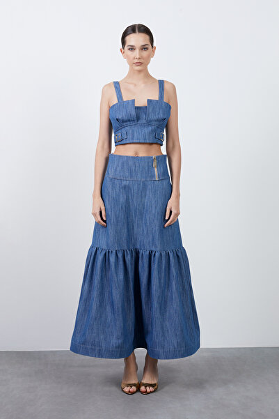 GİZİA Fermuar Detaylı Lacivert Uzun Etek