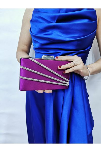 NAZART Rochie de seară mov satinat de damă clutch portofoliu curea cu lanț de mână nuntă logodnă noapte geantă de umăr