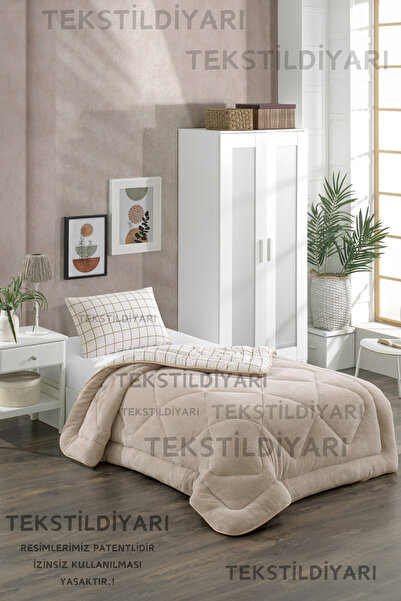 tekstil diyarı Tek Kişilik Çift Taraflı Welsoft Puffy Yorgan Seti Krem Kare