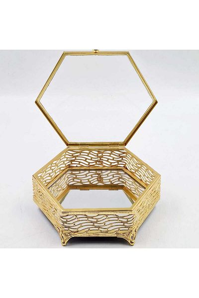 Sümeyra Marble Art Κουτί κοσμημάτων με χρυσό λεπτομερές κόσμημα με γυάλινο καπάκι |   Διακοσμητικό κουτί |   Χρυσό χρώμα |