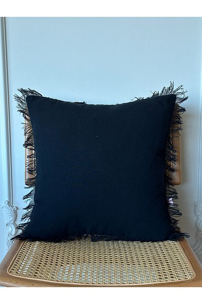 Galia Tasarım Black Bohemian Fringed Tasseled Throw Pillow Cover - Washed Linen