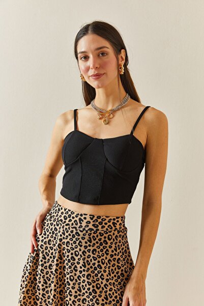 XHAN Siyah Balenli & Askılı Crop Bluz 5YXK2-48340-02