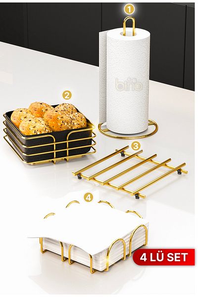 Bino طقم أدوات مائدة مكون من 4 قطع - حامل عرض، حامل مناديل، حامل مناديل ومنظم مطبخ للخبز