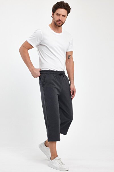 COMEOR Erkek Yanları Cepli Antrasit Bermuda Diz Altı Kapri Beli Ayarlanabilir Lastikli Uzun Şort