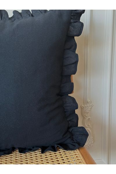 Galia Tasarım Black Linen - Bohemian Frilly Washed Throw Pillow Cover