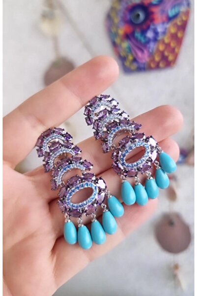 MorMajor Silver ÇİFT İTHAL FİRUZE AMETİST HALKALAR VIP GÜMÜŞ KÜPE