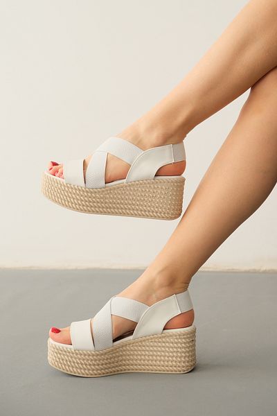 Lolita Love Diana White Cross-Strapped Elastic Wedge Heel Sandals
