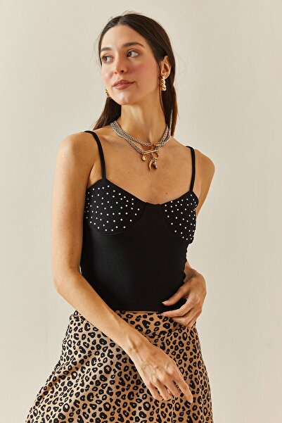 XHAN Black Stone Detailed Strappy Blouse 5YXK2-48344-02