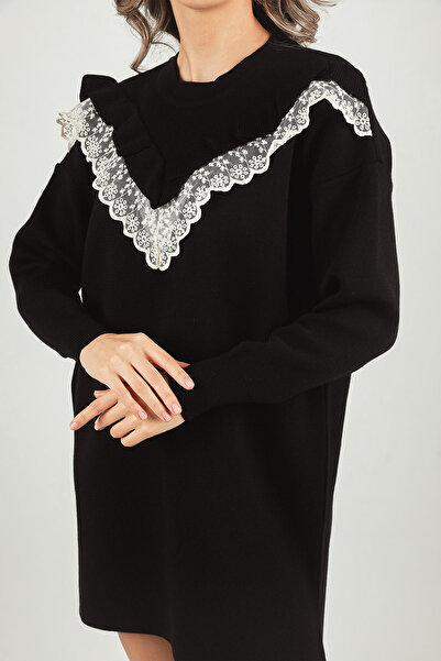 GÜLSELİ Black Women's Crew Neck Scalloped Knitwear Tunic