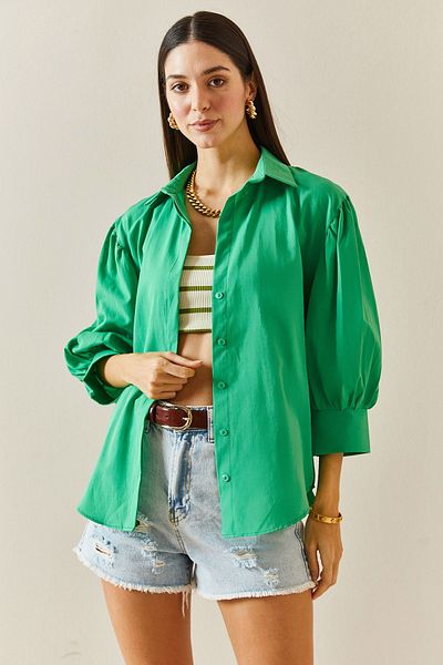 XHAN Green Buttoned Balloon Sleeve Shirt 5YXK2-48308-08