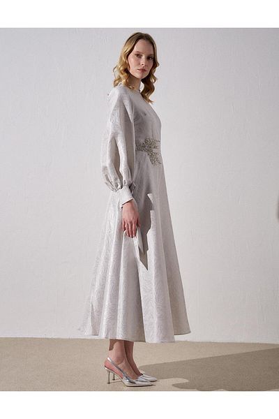 Kayra Embroidered Detailed Jacquard Dress Gray