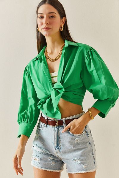 XHAN Green Buttoned Balloon Sleeve Shirt 5YXK2-48308-08