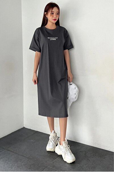 MODAGEN Γυναικείο Anthracite Crew Neck Minimalist Living Printed Φόρεμα